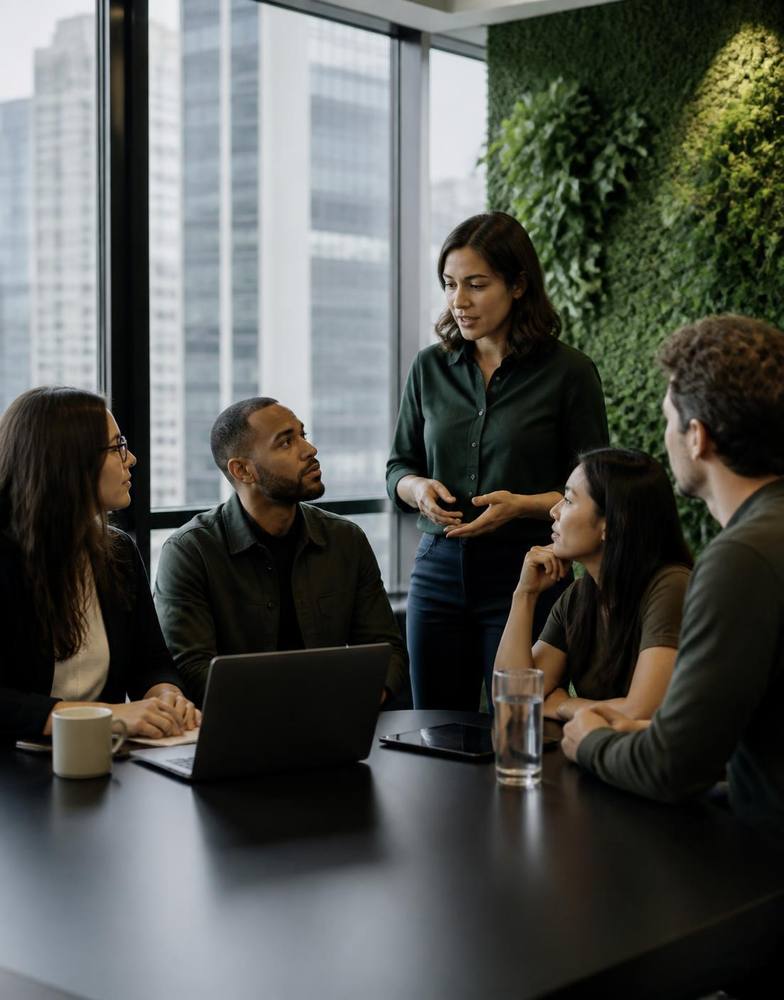 Equipe profissional brasileira em reunião de planejamento em escritório corporativo