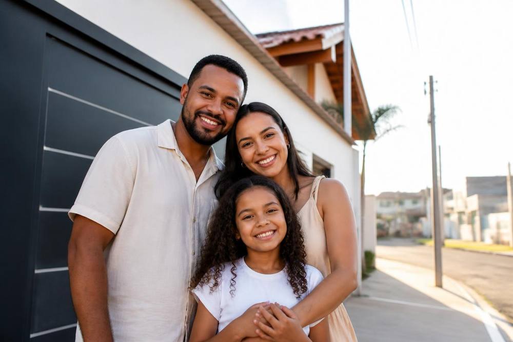 Família brasileira em frente à casa nova em bairro residencial