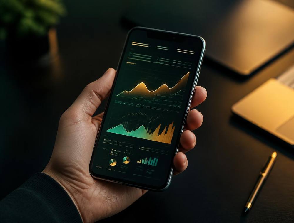 Pessoa segurando smartphone com painel financeiro digital