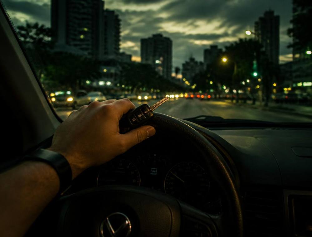 Motorista com a mão no volante em avenida brasileira ao anoitecer