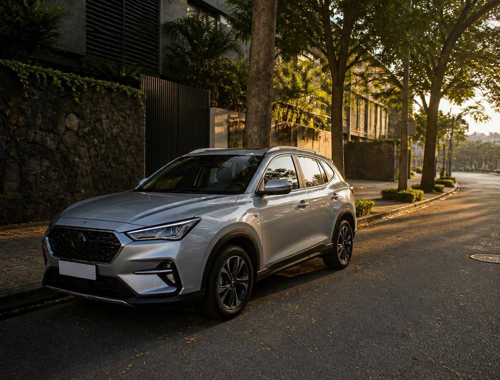 SUV estacionado em rua arborizada de um bairro brasileiro ao entardecer